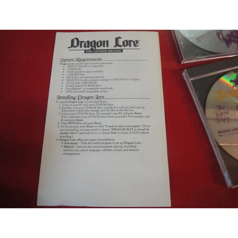 Dragon Lore Vintage PC game Mindscape The legend begins 2 disc & users manual